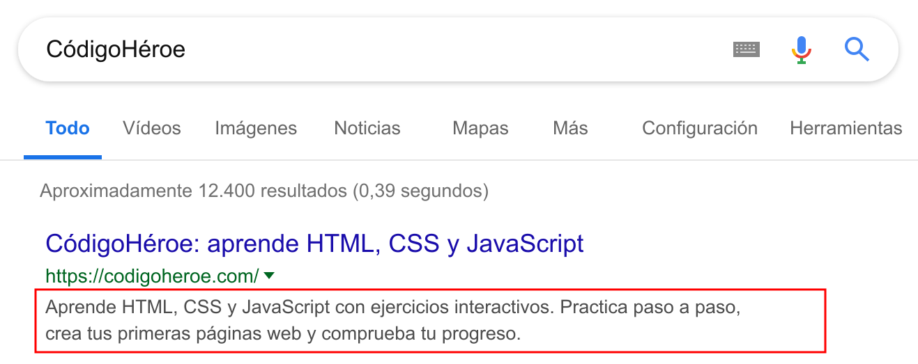 Resultado de búsqueda de CódigoHéroe con la descripción de la página enmarcada en rojo